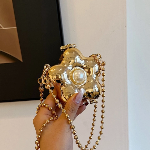 Mini Borsa A Tracolla Forma Fiore Stella Acrilico Perla Artificial Catena A Sfere Metallo Specchio Pochette Rossetto Donna Elegante