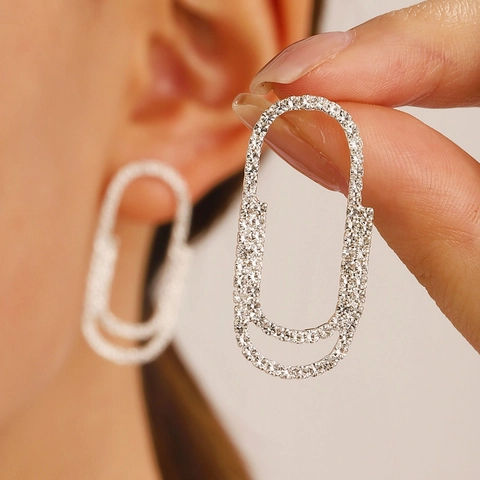 Minimalist Copper Pave Rhinestone Paperclip Safety Pin Earrings For Women Geometric Artificial Pearl Heart Stud Earrings Fashion Jewelry