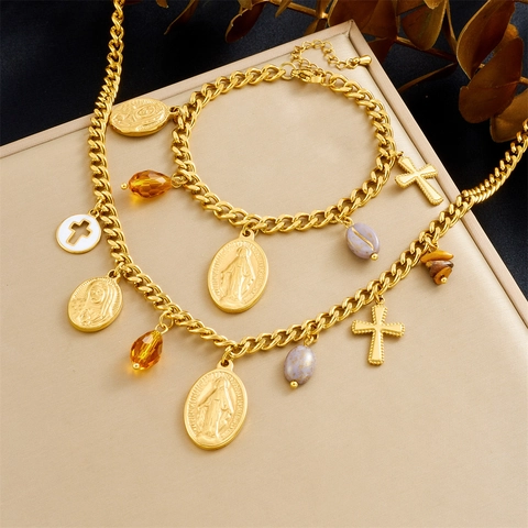 18K Verguld Roestvrij Staal Maagd Maria Kruis Ketting En Armband Sieraden Met Emaille Kralen Religieuze Vintage Mode Vrouwen