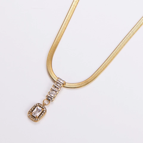 Stainless Steel Square Zircon Pendant Necklace Gold Plated Flat Snake Chain Geometric Fashion Jewelry For Women