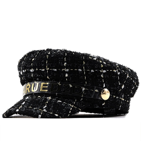 Vintage Tweed Schirmmütze Für Damen Mit Buchstabenband Und Metallknopf Retro Elegante Baker Boy Mütze