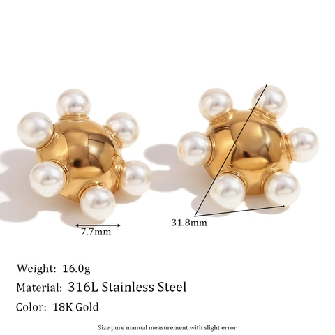 Orecchini a Bottone in Acciaio Inossidabile con Perla Artificiale Vintage per Donna Placcato Oro 18K Forma a Ruota Tonda Gioielli Minimalisti Geometrici