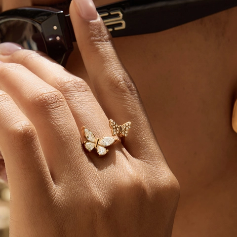 Luxe Vlinder Roestvrij Stalen Open Ring Voor Dames Verguld Met Zirkonia Synthetische Kunstparel Verstelbare Sieraden
