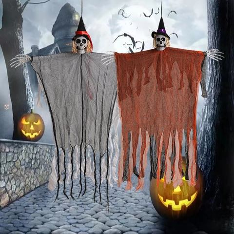 Halloween Hanging Ghost Skull Decoration With Witch Hat Gauze Scarecrow Haunted House Bar Outdoor Party Props