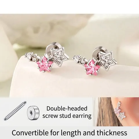 Stern Knorpel Ohrstecker Titanstahl Rosa Weißer Zirkonia Schraubverschluss Schicker Pentagramm Piercing Schmuck Damen