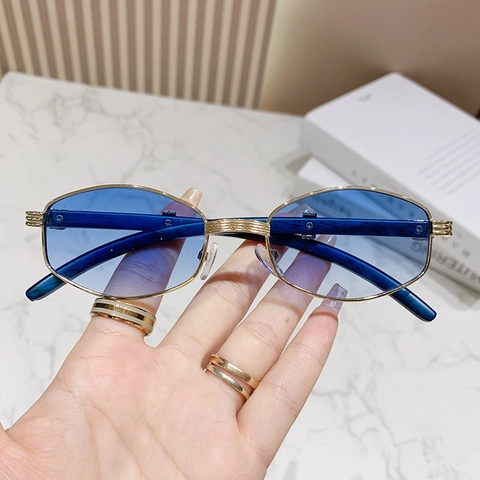 Retro Sonnenbrille Metallrahmen UV400 Schutz Kleine Ovale Polygone Form Holzstruktur Bügel Mode Brillen Damen Herren