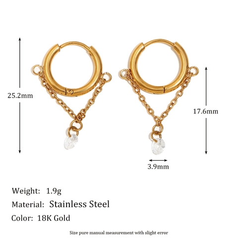 Stainless Steel Gold Plated Hoop Earrings For Women White Rhinestone Tassel Pendant Geometric Round Jewelry For Daily Party