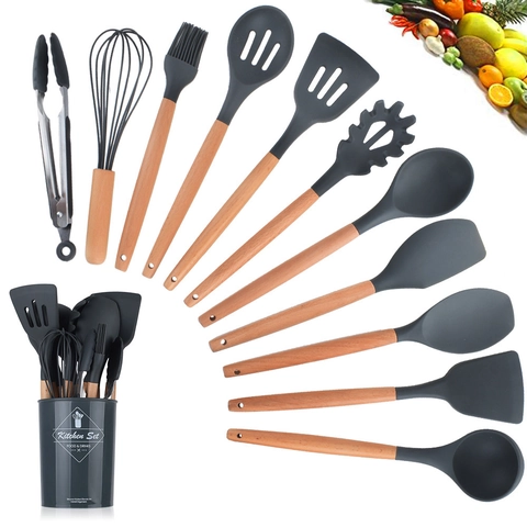 Utensili Da Cucina In Silicone Strumenti Da Cucina Manico In Legno Resistente Al Calore Antiaderente Spatola Cucchiaio Frusta Pinza Pennello