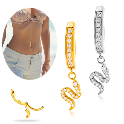 G23 Titanium Snake Pendant Belly Button Ring Zircon Inlaid Curved Barbell Navel Piercing Jewelry Trendy Sexy Women