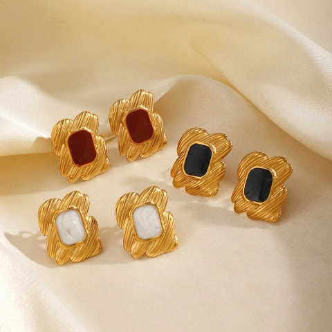 French Vintage Geometric Rectangular Stud Earrings 18K Gold Plated Stainless Steel Enamel Texture Jewelry For Women