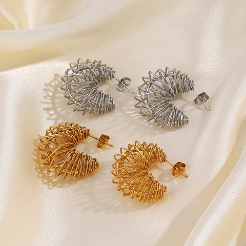 Pendientes De Aro De Acero Inoxidable Envueltos En Alambre Diseño Bobina Forma C Estilo Minimalista Para Mujeres