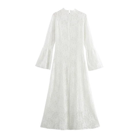Elegant Lace Maxi Dress Flare Long Sleeve High Waist Slim Fit Artificial Pearl Button Vintage Retro Wedding Party Women Long Dress