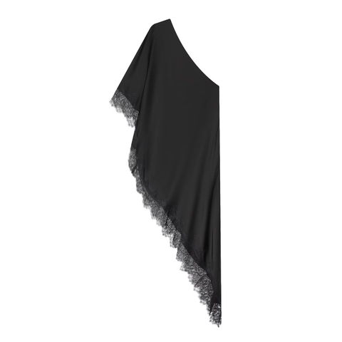 Top In Satin Asimmetrico Monospalla Da Donna Nero Senza Maniche Camicetta Casual Chic Con Bordo In Pizzo