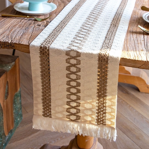 Woven Christmas Table Runner And Placemats Polyester Cotton Tassel Geometric Hollow Out Bohemian Farmhouse Decoration