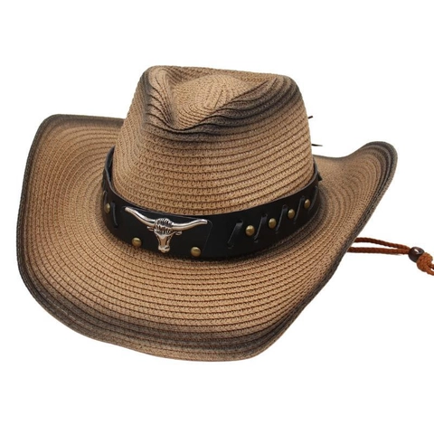 Western Cowboy Straw Hat With Leather Band Alloy Bull Head Decoration Gradient Wide Brim Retro Sun Protection For Men Women