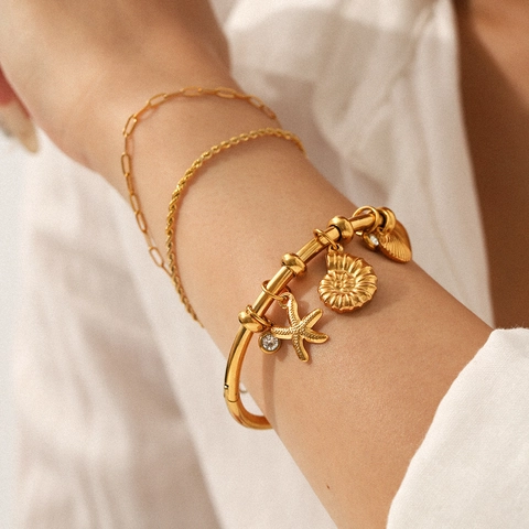 European American 18K Gold Plated Stainless Steel Starfish Conch Scallop DIY Charms Bangle Bracelet For Women Fashion Jewelry Gift