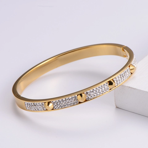 18K Gold Plated Nail Bangle Bracelet 316L Stainless Steel Rhinestone Hinged Rivet Spikes Elegant Punk Jewelry For Women