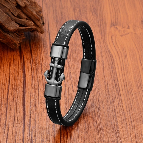 Herren Lederarmband Mit Edelstahl Anker Anhänger Retro Nautischen Stil Magnetverschluss Hand Schmuck