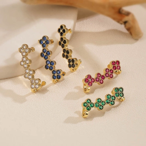 Four Leaf Clover Ear Climbers Copper Zircon Curved Floral Stud Earrings For Women Light Luxury Style