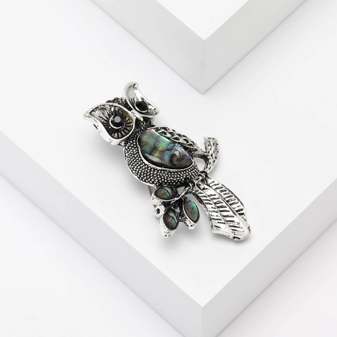 Broche De Búho Vintage De Aleación Con Incrustación De Concha De Abulón Natural Y Piedras Negras