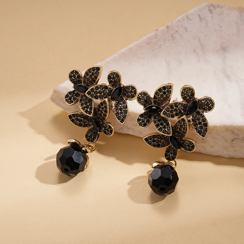 Bloem Druppel Oorbellen Met 925 Sterling Zilveren Oorknopje Retro Dark Style Strass Glas Legering Voor Vrouwen Vintage