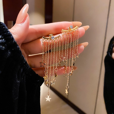 Pendientes Largos Borlas Estrellas Con Aleación Diamantes Imitación Y Poste Plata Ley 925 Elegante Mujer