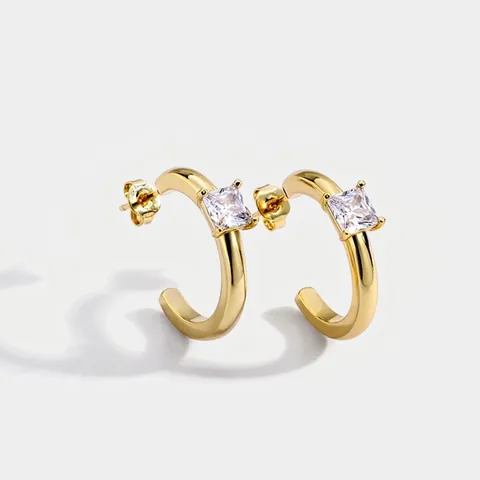 Orecchini A Cerchio C Ottone Placcato Oro Zircone Quadrato Moda Semplice Per Donna Con Perno In Argento Sterling 925