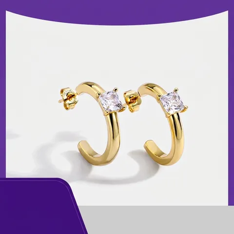 C Hoop Ohrringe Messing Vergoldet Quadratischer Zirkon Mode Einfach Für Frauen Mit 925 Sterling Silber Ohrring Stecker