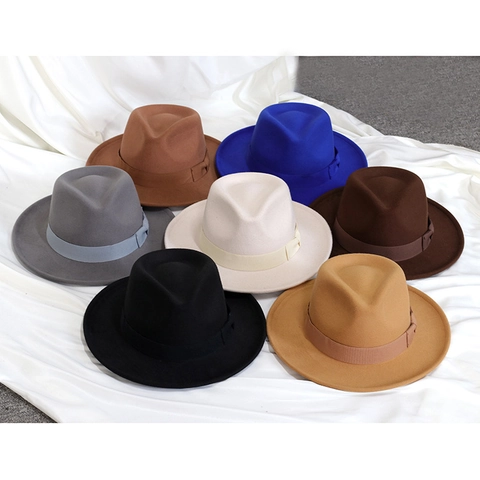 Retro Fedora Hat Polyester Felt Wide Brim With Bow Ribbon Decor Classic Jazz Style For Men And Women