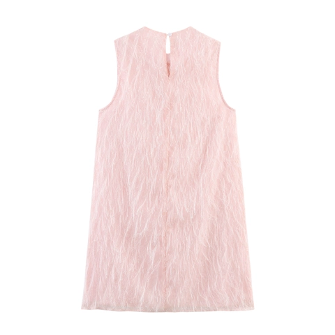 Mouwloze Mini Jurk Met Ronde Hals A-Lijn Voor Dames Met Roze Nepveren Franjes Chique Zomer Feest Kleding