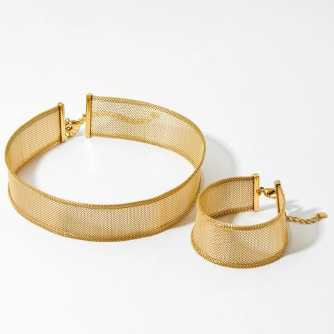 Collana E Bracciale Larghi In Maglia Di Acciaio Inossidabile Vintage Per Donna Stile Europeo Americano Gioielli Retro
