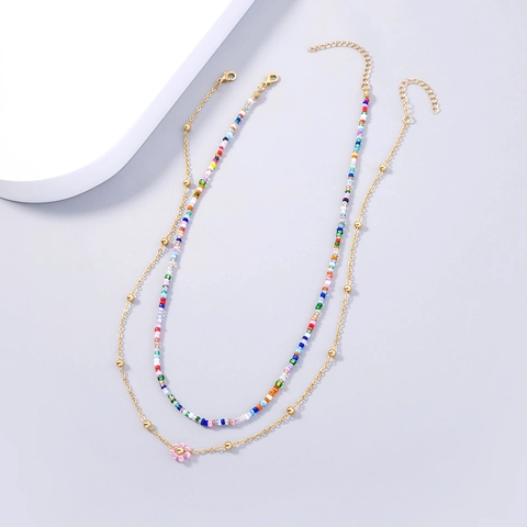 Collier Multirang Bohème En Perles De Rocaille Colorées Et Cuivre Avec Pendentif Fleur Rose Style Plage