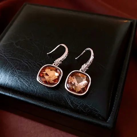 Retro Square Zircon Drop Earrings Copper Geometric Brown Amber Stone With 925 Sterling Silver Earring Post For Women