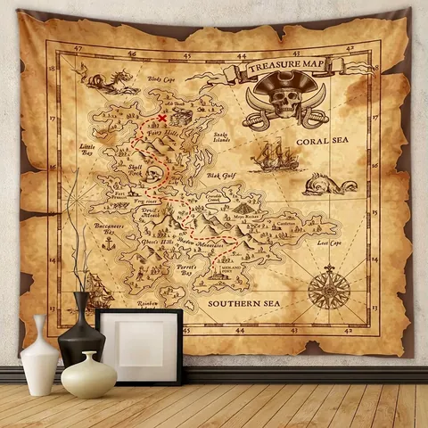 Tapiz De Mapa Del Tesoro Pirata Vintage Tapiz De Pared De Poliéster Para Decoración De Dormitorio Sala Estilo Náutico