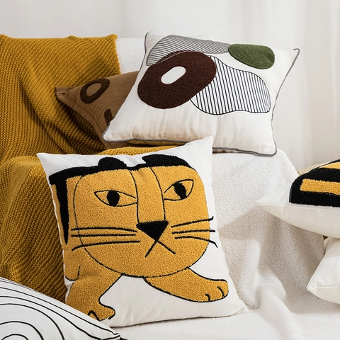 Moderner Kissenbezug Segeltuch Ramie Getuftet Stickerei Geometrisch Tiger Muster Sofa Wohnzimmer Dekorative Kissenhülle
