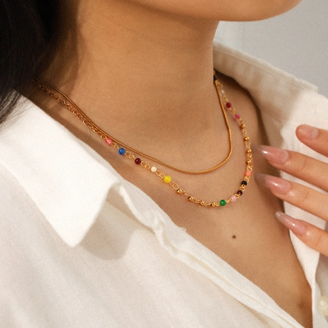 Double Layer Stainless Steel Necklace For Women French Bohemian Style Colorful Beads Gold Plated Snake Chain Choker