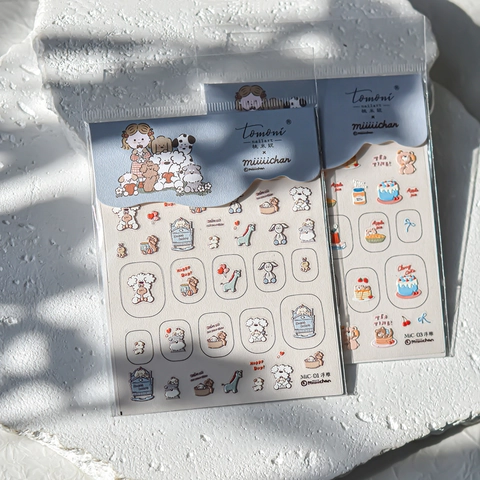 Cartoon Dog Bear Tea Time 3D Relief Nail Stickers Self Adhesive Cute DIY Manicure Decals Iridescent Finish Sweet Style