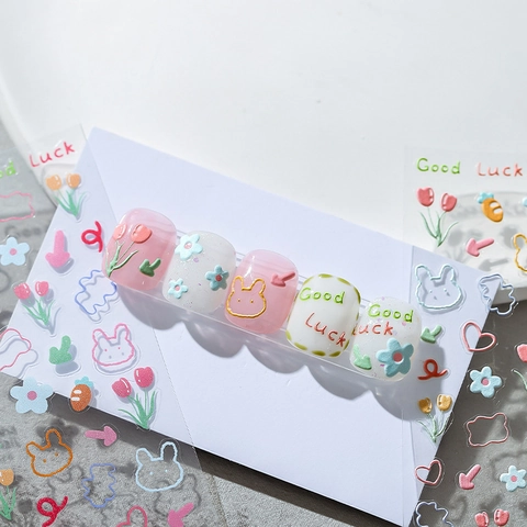 3D Relief Nail Art Stickers Cartoon Bunny Tulip Flower Macaron Colors Self Adhesive DIY Manicure Decoration Decals