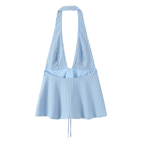 Women Halter Neck Top Deep V Neck Polyester Bow Knot Peplum Backless Striped Solid Slim Fit