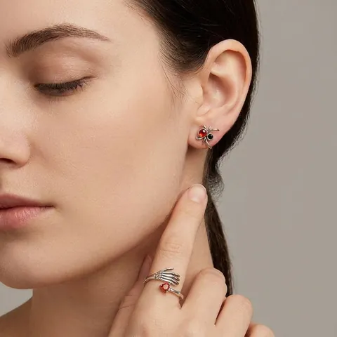 925 Sterling Silver Halloween Jewelry Set Gothic Skull Spider Heart Zirconia Stud Earrings Skeleton Hand Open Ring For Women