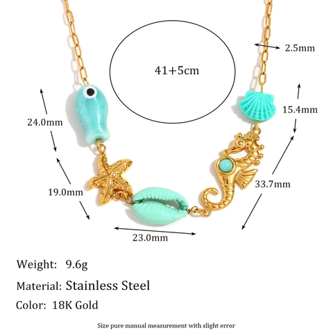 Collar Colgante Tema Océano Acero Inoxidable Chapado En Oro 18K Caballito De Mar Estrella De Mar Joyería De Playa Para Mujeres
