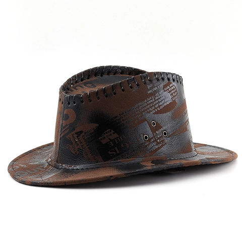 Western Cowboy Hat Faux Leather Newspaper Letter Print Wide Brim Sun Protection Adjustable Windproof Rope Vintage Men