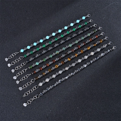 Natural Gemstone Beaded Bracelet With Stainless Steel Lobster Clasp Malachite Tiger Eye Adjustable Jewelry For Men Women