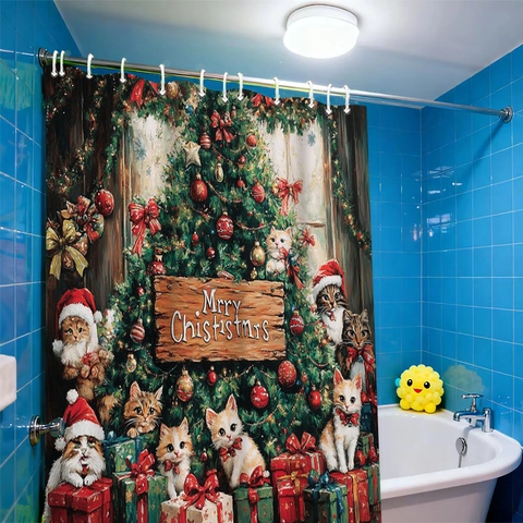 Tenda Da Doccia Gatto Di Natale Tessuto Poliestere Impermeabile Arredamento Bagno Per Vacanze Con Ganci Albero