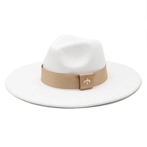 Vintage Woolen Felt Fedora Hat With Wide Brim Satin Ribbon Metallic Bee Accent Jazz Style Elegant Unisex Accessories