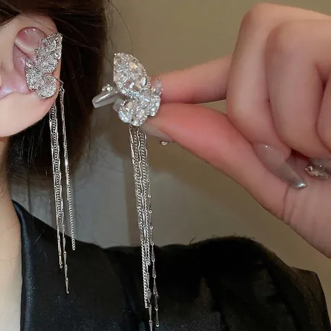 Schmetterling Quaste Ohrmanschette Zirkon Kupfer Ohne Piercing Lange Kette Clip On Ohrringe Für Frauen Silber Elegant