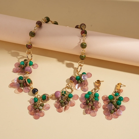 Collar Y Pendientes Bohemios Con Poste De Plata Aleación Piedra Natural Concha Púrpura Colgante Geométrico Vintage Para Mujer