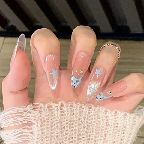 Press On Nails Long Almond Blue French Tip Leopard Print Star Pattern Glitter Rhinestone Reusable Artificial Finger Nails