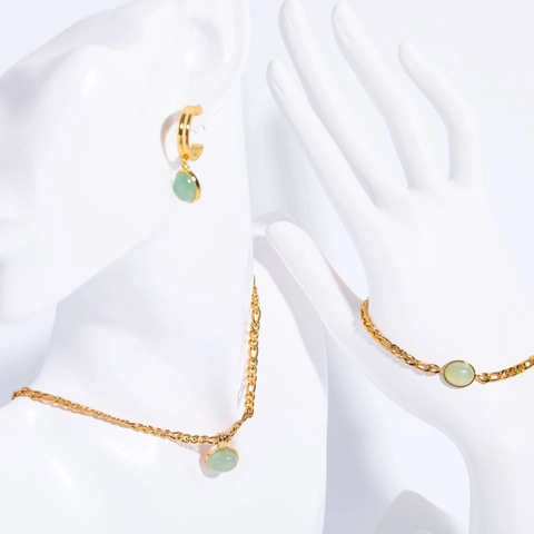 Collana In Pietra Naturale Avventurina Verde Catena Figaro Retrò Placcato Oro 18K Acciaio Inossidabile Pendente Ovale Gioielli