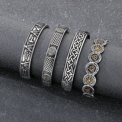 Vintage Stainless Steel Men Cuff Bracelet Nordic Viking Rune Celtic Knot Freemasonry Design Jewelry